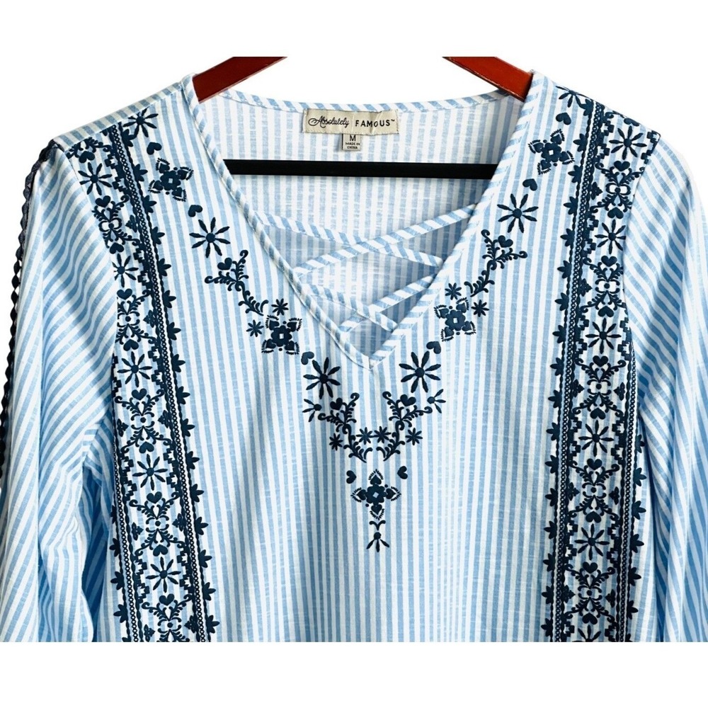 Absolutely Famous Blue Striped Lace Neck Embroidered Top 3/4 Sleeves Size M
